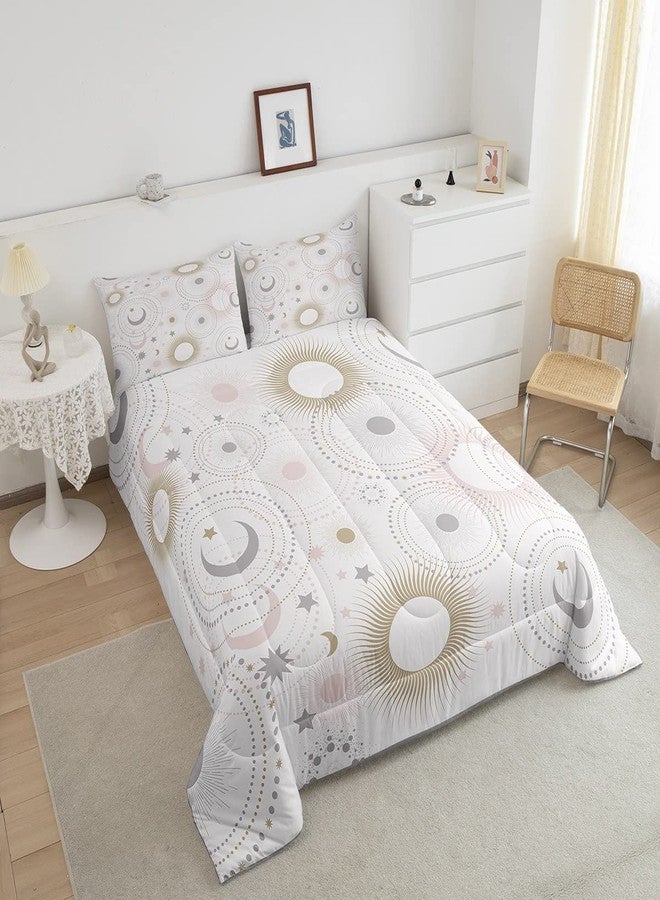 Homewish Stars and Moon Comforter Set Full Size,Pink Golden Grey Shiny Planets Bedding Comforters for Girls Teens,Romantic Galaxy Universe Polyester Quilt Set with 2 Pillowcases,Chic - Image 5